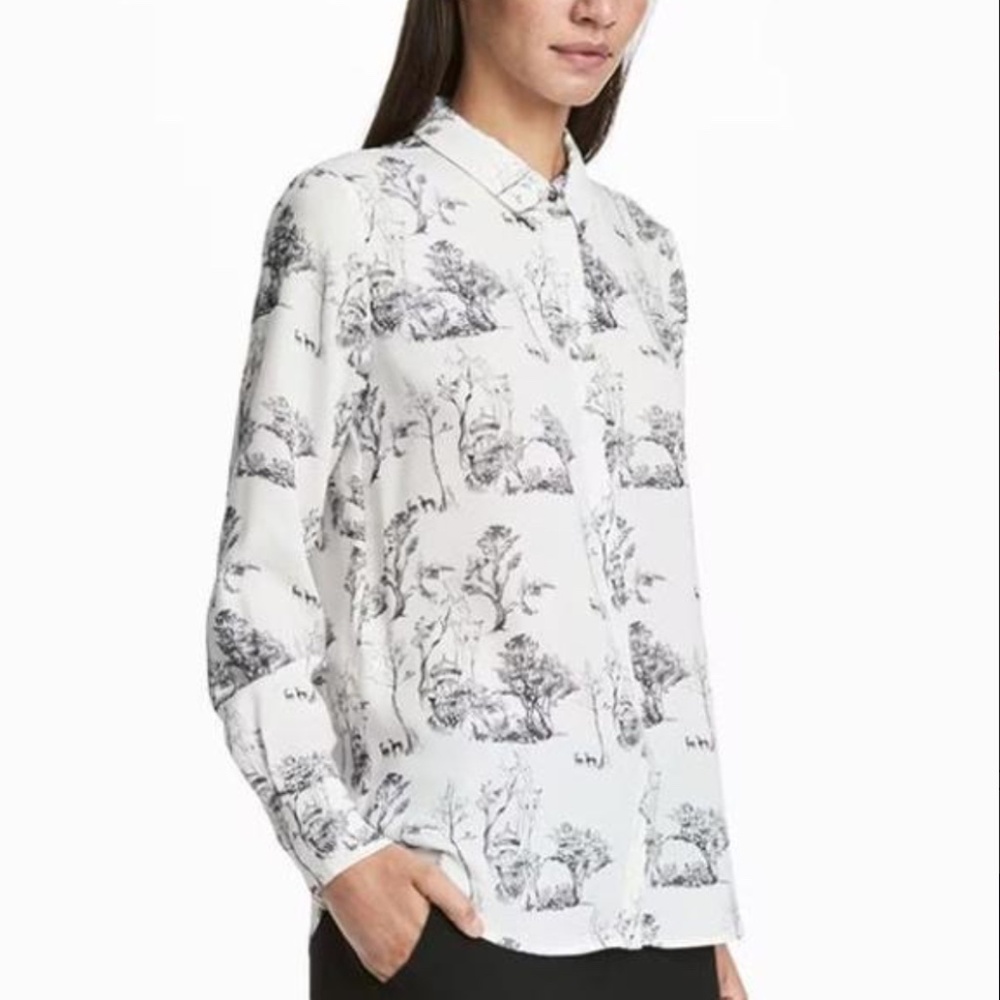 H&M Women’s Size 6 Button Down Collared Blouse Top White Black Toile Classic